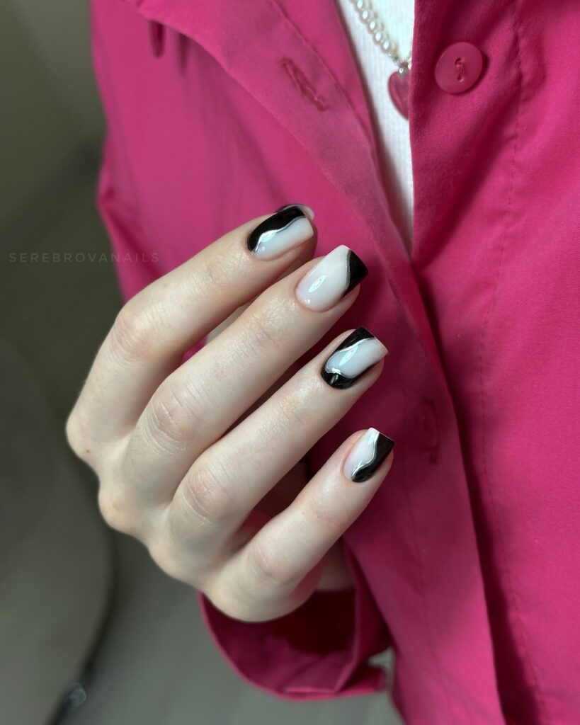 Abstract Black on Nude Square Nails for a Chic and Modern Nail Design