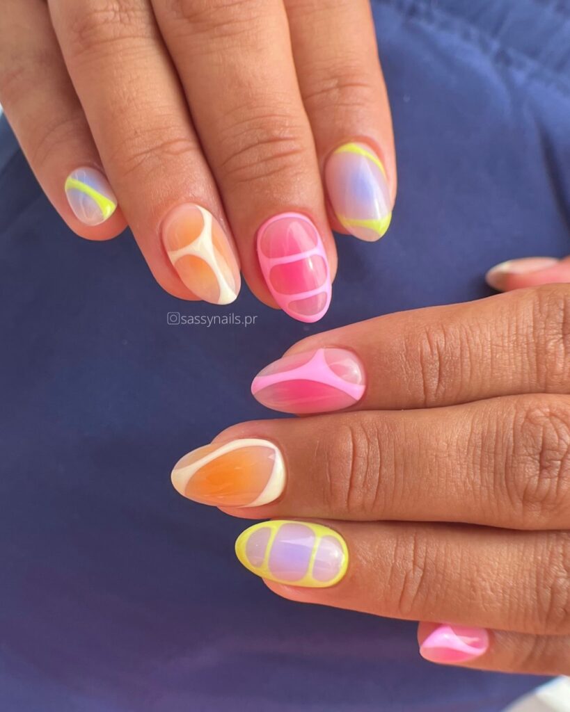 Abstract Neon Pastel Almond Nails with Swirls and Grid Patterns – Colorful Summer Festival Nail Ideas