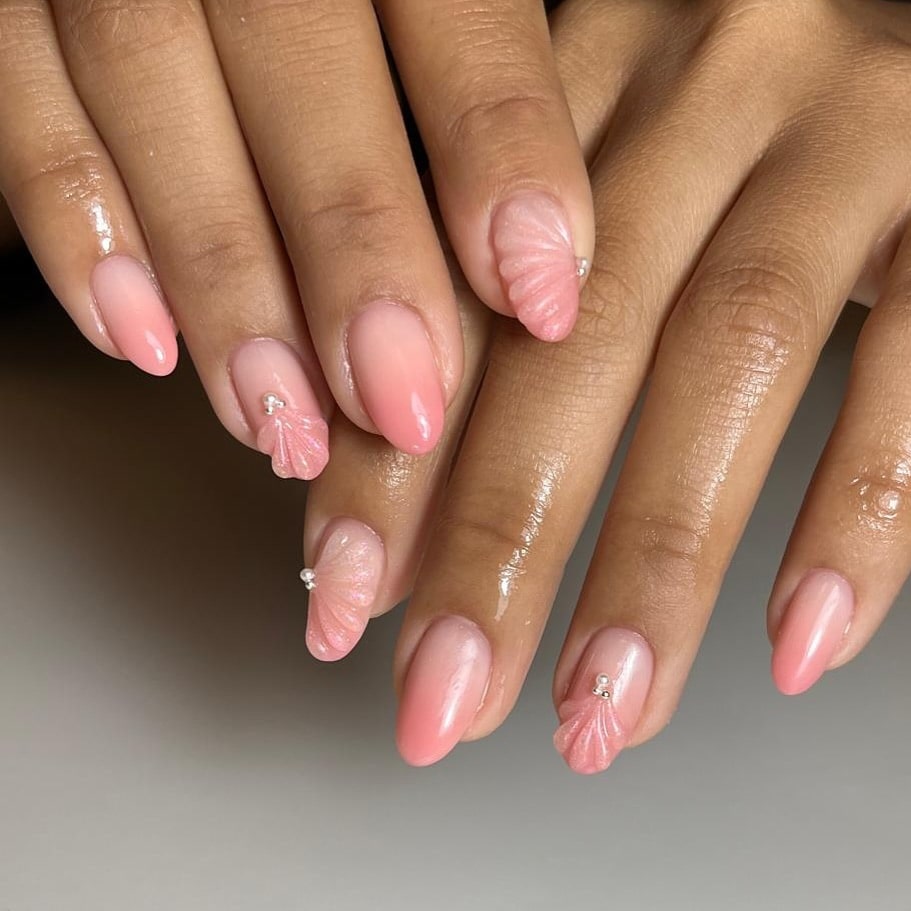 Almond Pink Seashell Nails with Pearly 3D Art for a Dreamy Ocean-Inspired Manicure