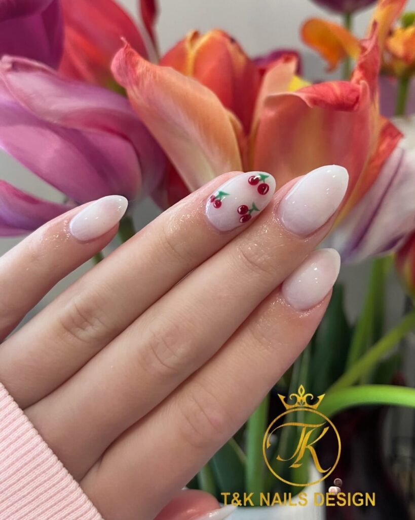 Almond Birthday Nails with Cherry Fruit Art on a Pink Translucent Base