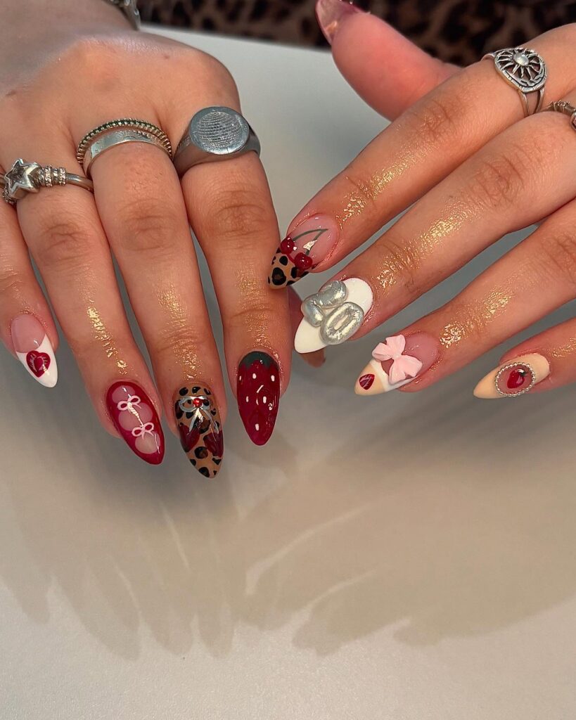 Almond Birthday Nails with Leopard Print, Cherries, and Metallic Accents