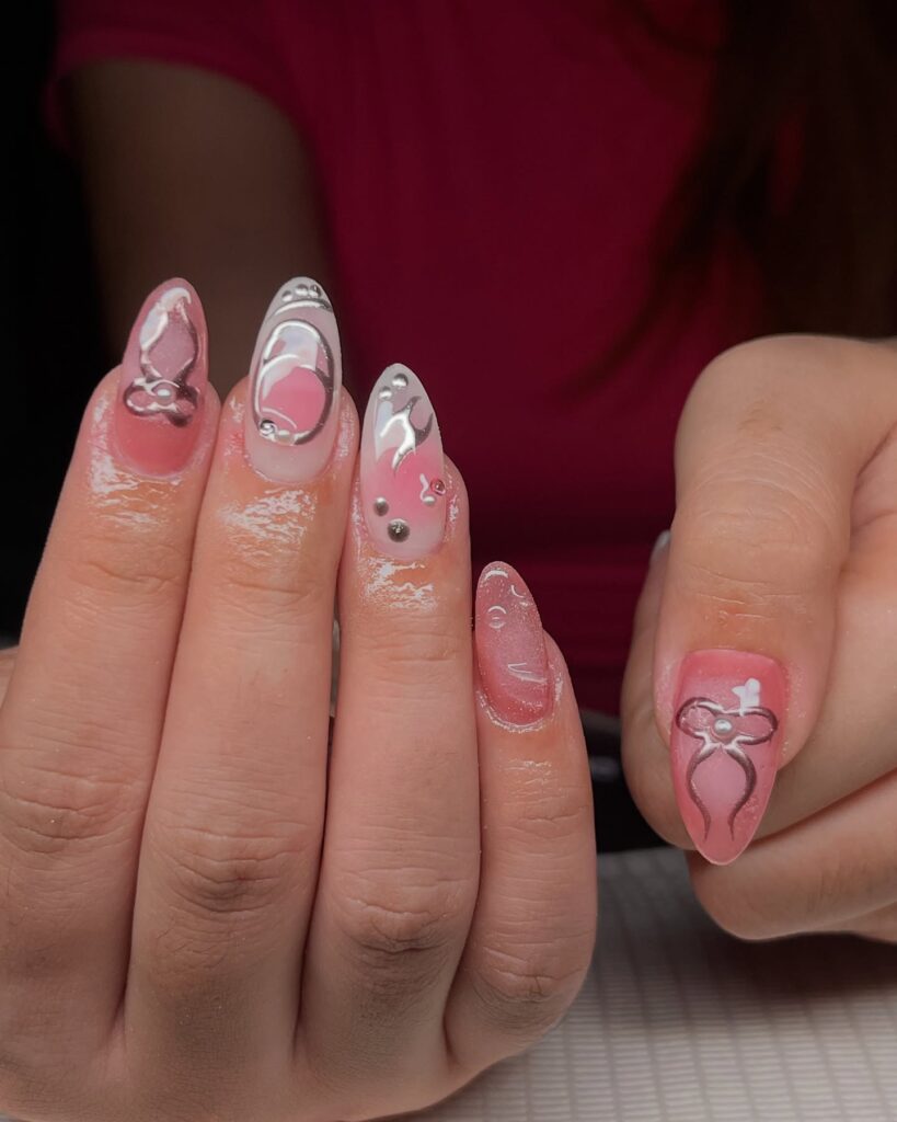 Almond Birthday Nails with Pink Chrome Gradient and 3D Bow Accents