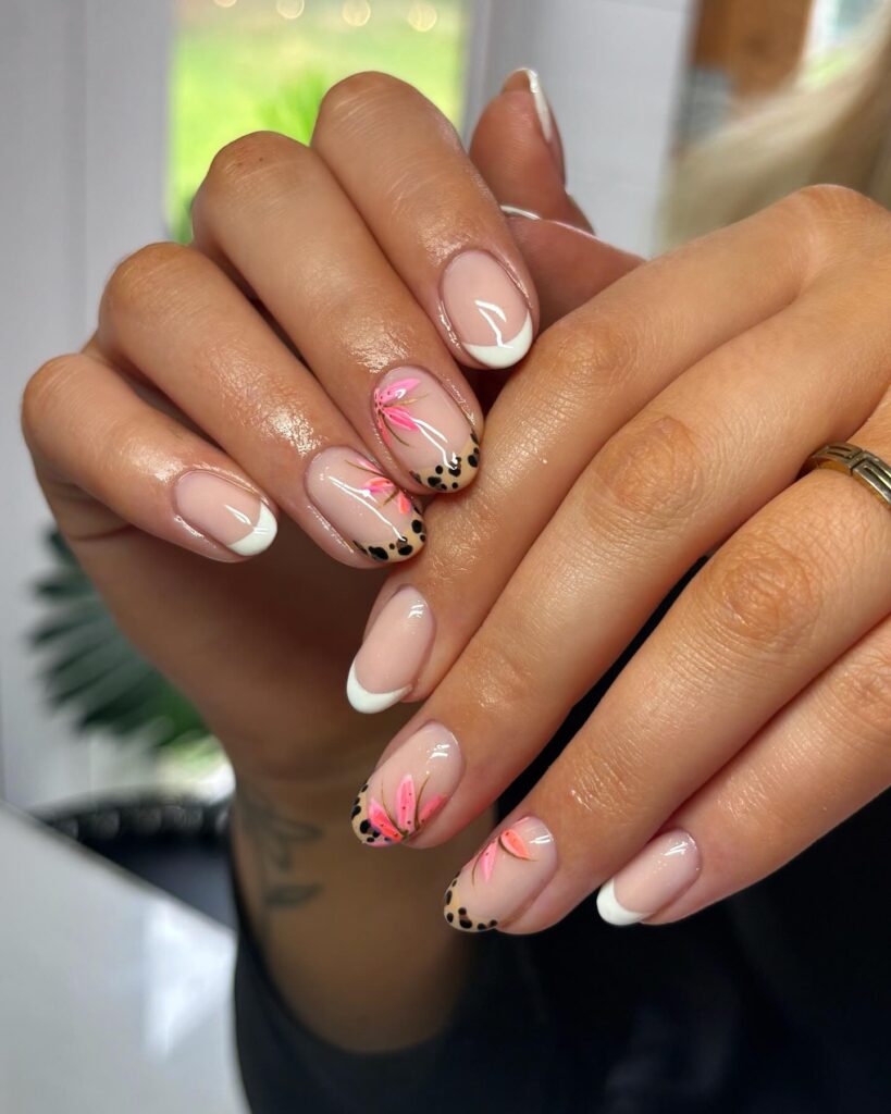Almond French Nails with Cheetah Tips and Tropical Floral Accents