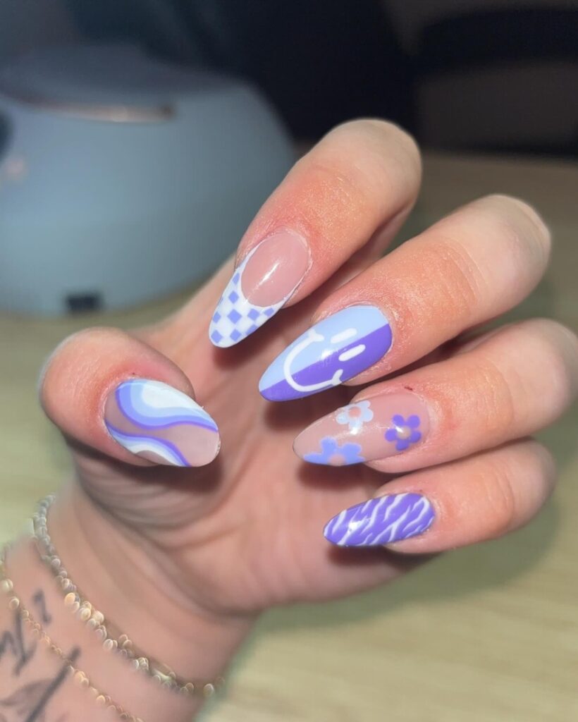 Almond Nails with Pastel Checkerboard and Floral Art for Playful Spring Nail Ideas