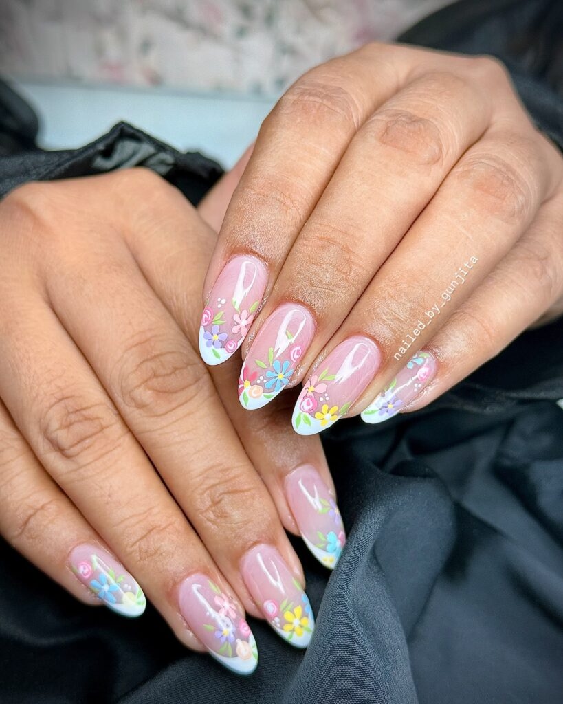 Almond Nails with Pastel Floral French Tips for a Garden-Inspired Summer Look