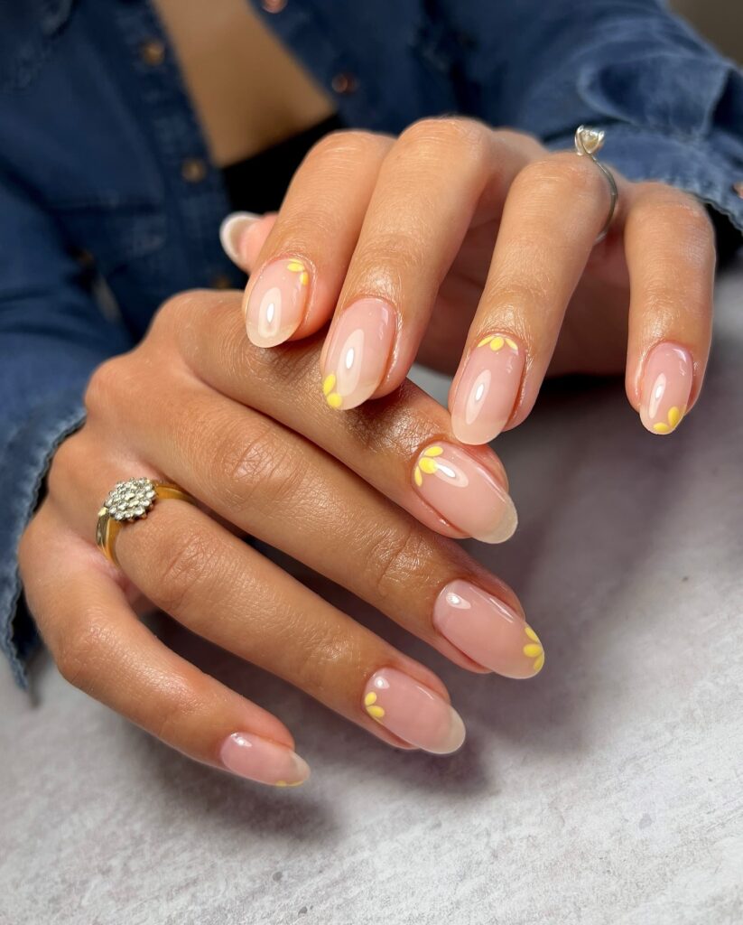 Almond Nails with Yellow Floral Tips – Elegant Spring Nail Ideas with a Minimal Twist