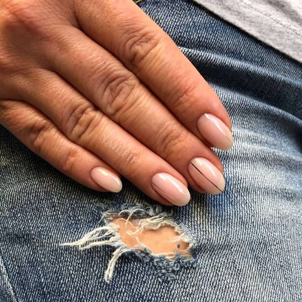 Almond Nude Nails with Metallic Lines – Minimalist Office Nail Idea for a Polished Look