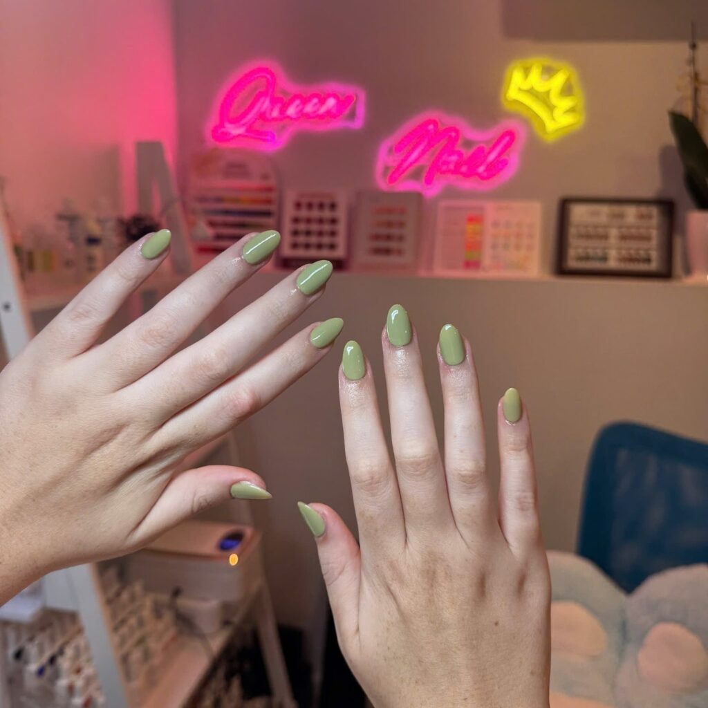 Almond olive green nails with glossy finish for a minimalist modern manicure nail ideas