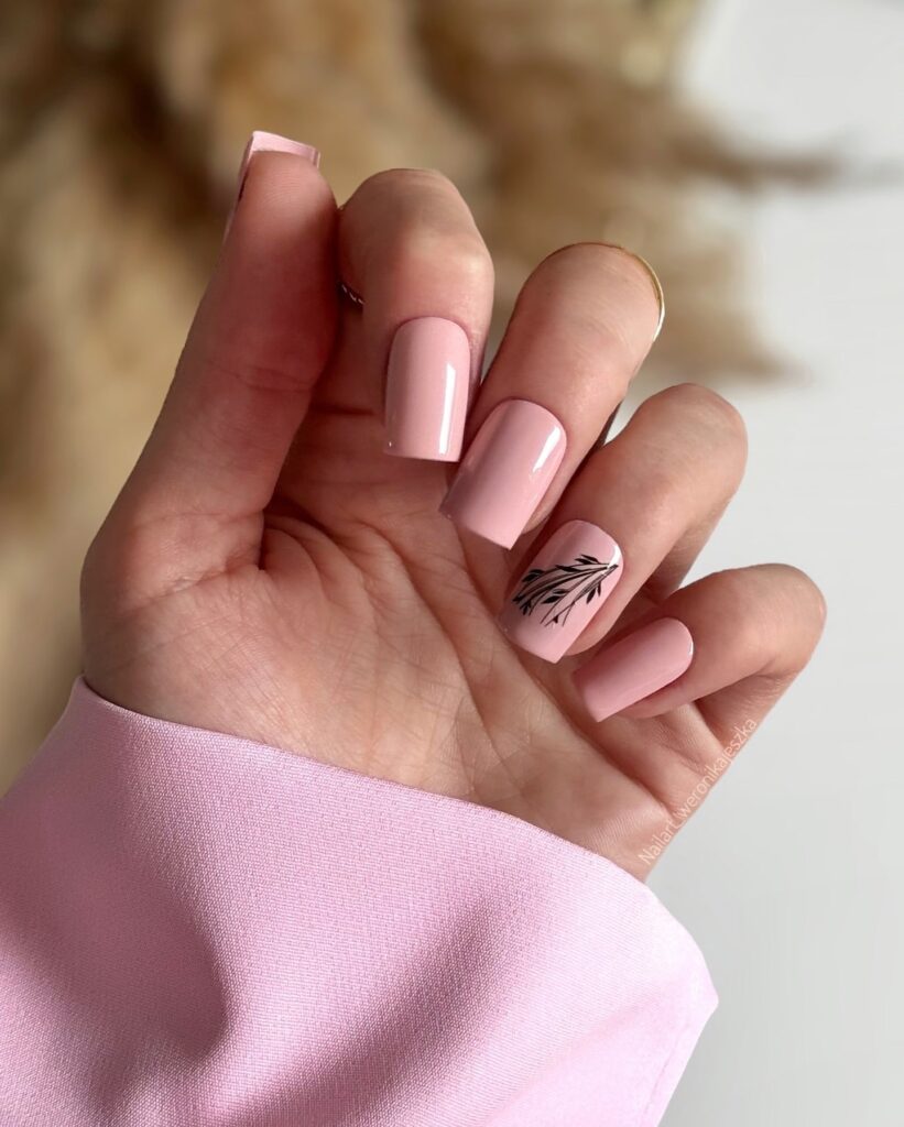 Blush Pink Square Nails with Delicate Leaf Art – Nature-Inspired Simple Office Nail Ideas