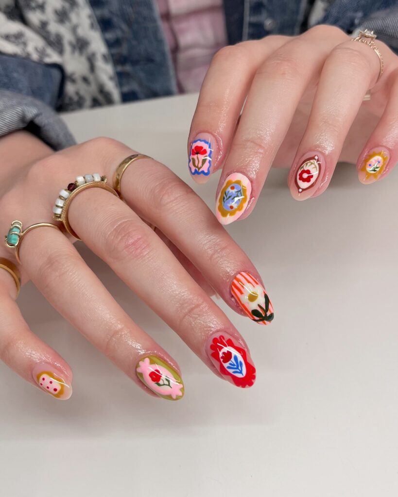 Boho Floral Folk Art Almond Nails for Colorful and Artistic May Nail Ideas
