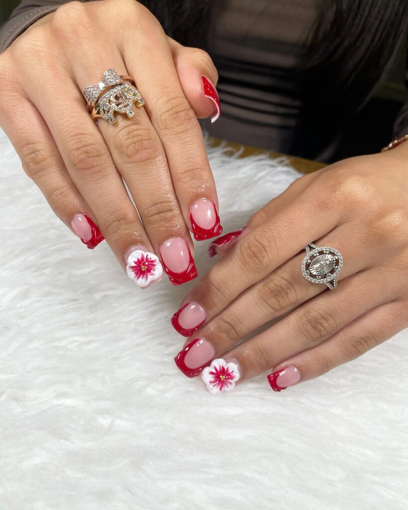 Bold Square Nails with Glossy Nude Pink Base and Deep Red Wave French Tips with 3D Flowers