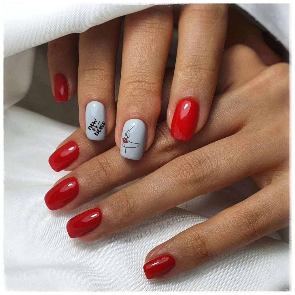 Bold Red and Gray Square Nails with Minimalist Art and Motivational Accents
