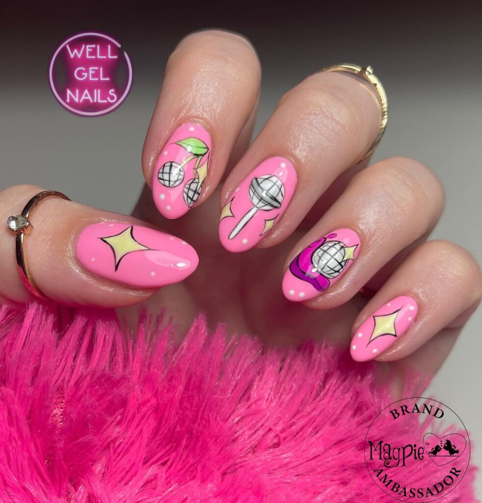 Bubblegum Pink Disco Nail Art with Stars, Cherries, and Y2K Vibes