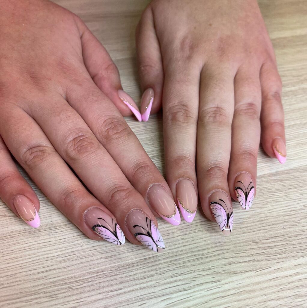Butterfly French Tip Nails with Gold Glitter and Nude Base