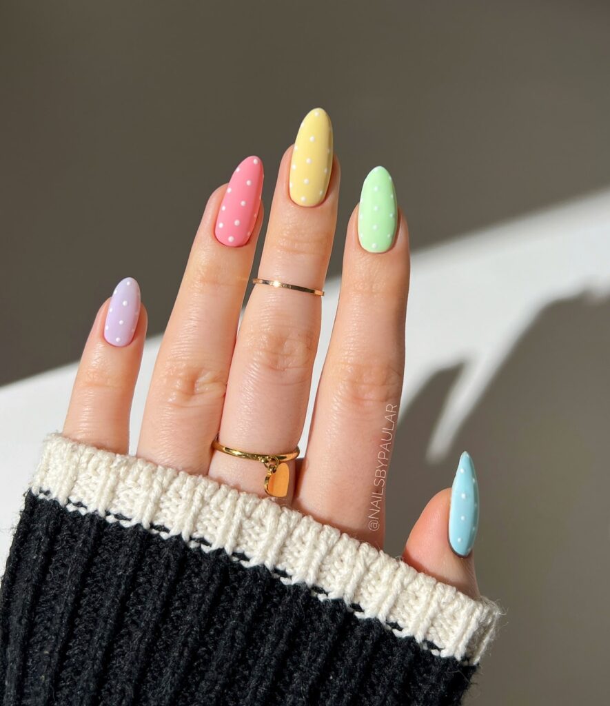 Candy-Colored Pastel Nails with Polka Dots for a Fun and Playful Easter Look