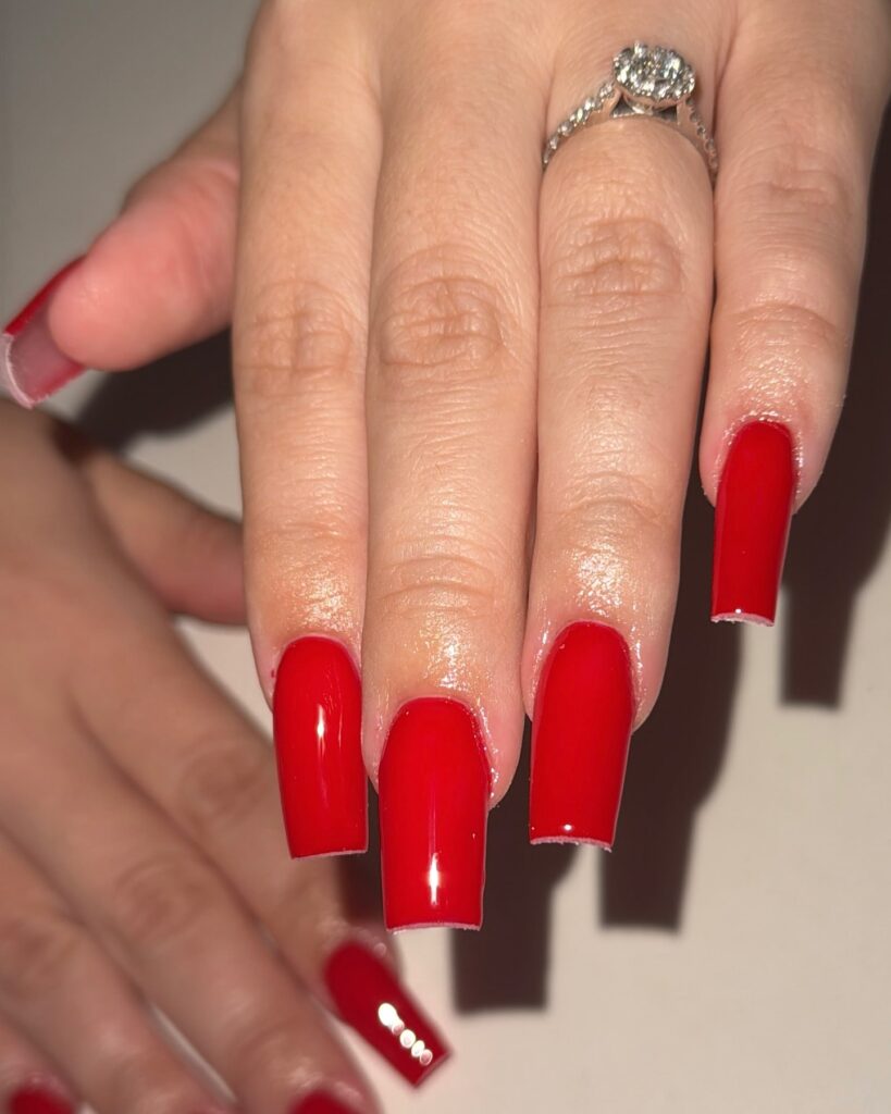Cherry Red Coffin Nails with a Glossy Finish for Glamorous Vibes