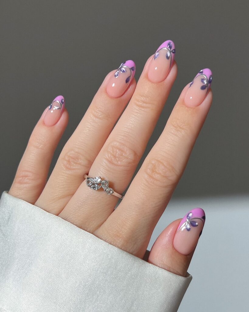 Chic Nude Pink Nails with Two-Tone Purple French Tips and Metallic Leaf Nail Art Ideas