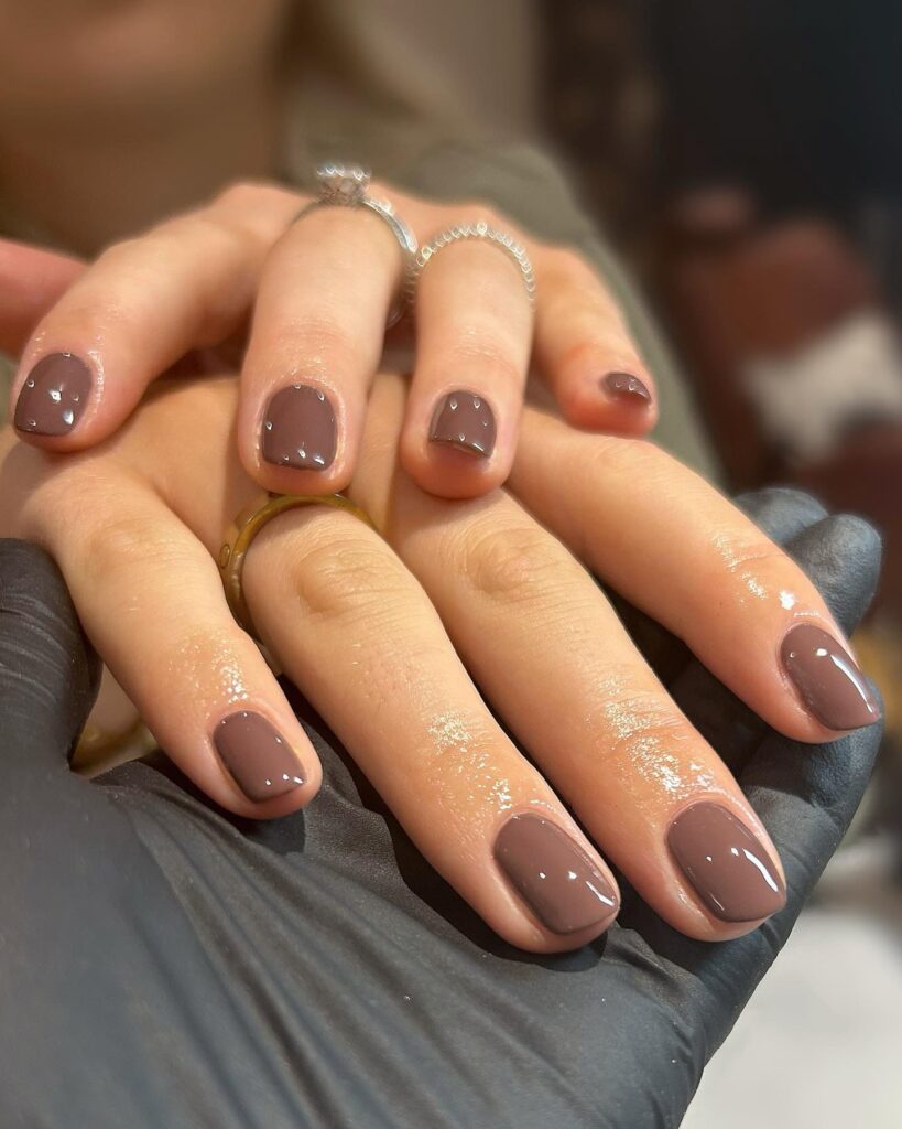 Chic Taupe Brown Short Nails with Clear Heart Details for a Cozy Fall Look
