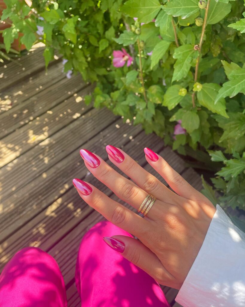 Chrome Pink Almond Nails with Mirror Finish – Bold Summer Nail Ideas