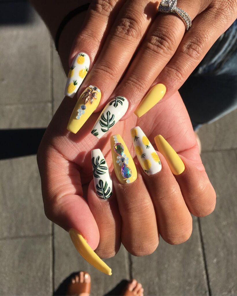 Coffin Nails with Tropical Fruit and Palm Art for a Bold Vacation Look