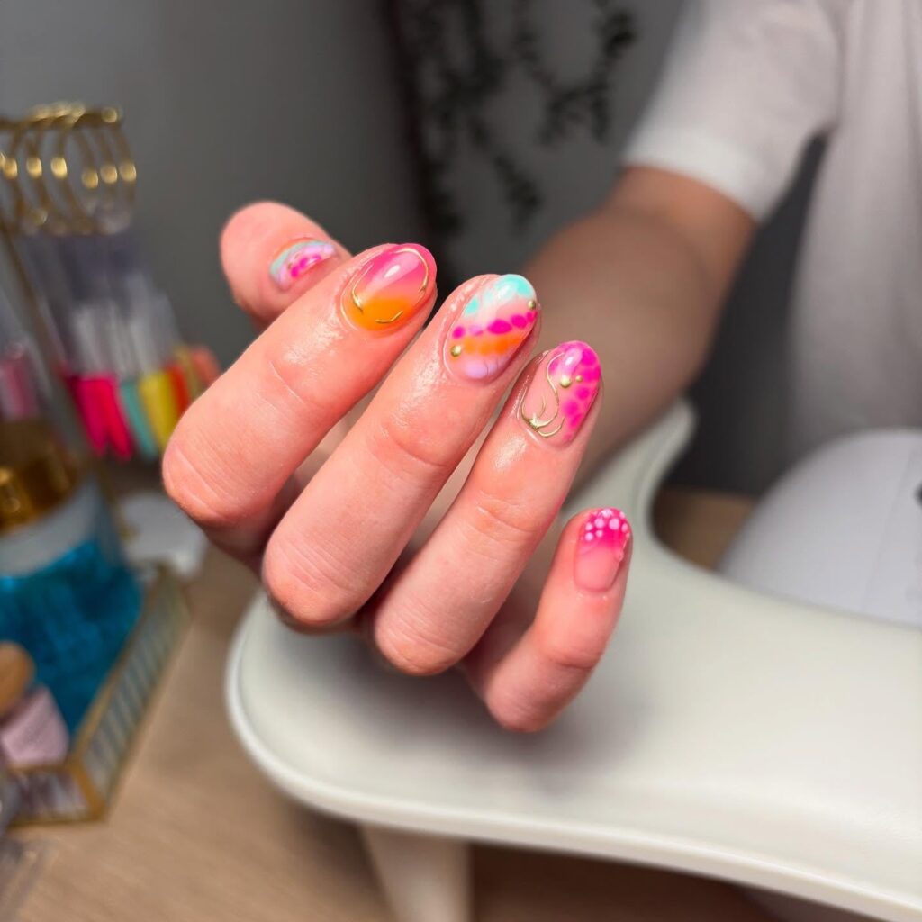 Colorful Oval Nail Ideas with Marble Swirls, Neon Gradients, and Polka Dots for Summer Vibes