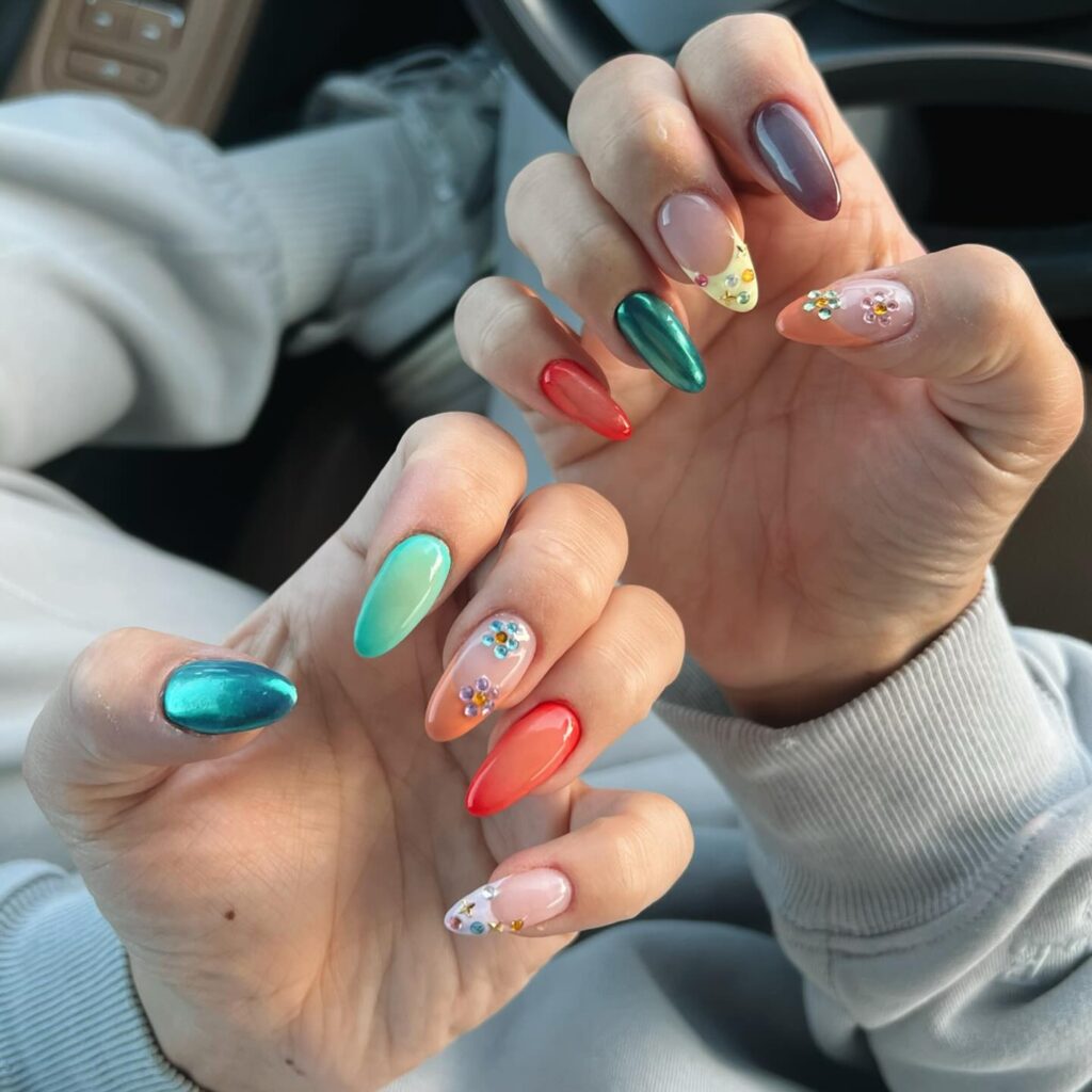 Colorful Chrome, Mint, and Peach Nails with Rhinestone Florals – Summer Birthday Nail Ideas