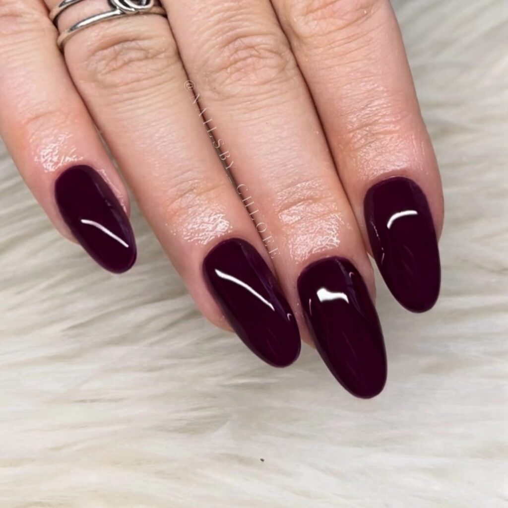 Deep Plum Almond Nails with a Sleek Gloss for Bold Sophistication