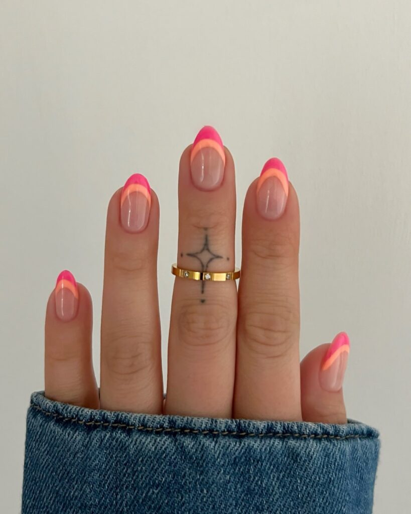 Double Curve Neon French Nail Ideas with Orange and Pink Tips for a Trendy Summer Edge