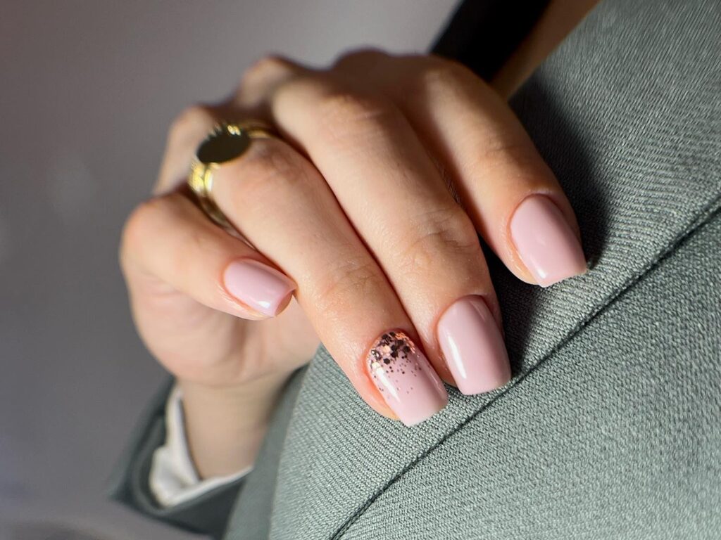 Dusty Rose Square Nails with Rose Gold Glitter Accent for Subtle Glamour