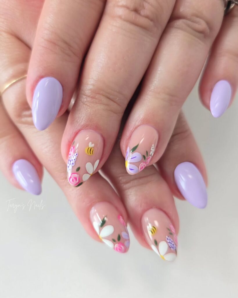 Elegant Lavender Almond Nails with Floral and Bee Garden Nail Ideas for Springtime Charm