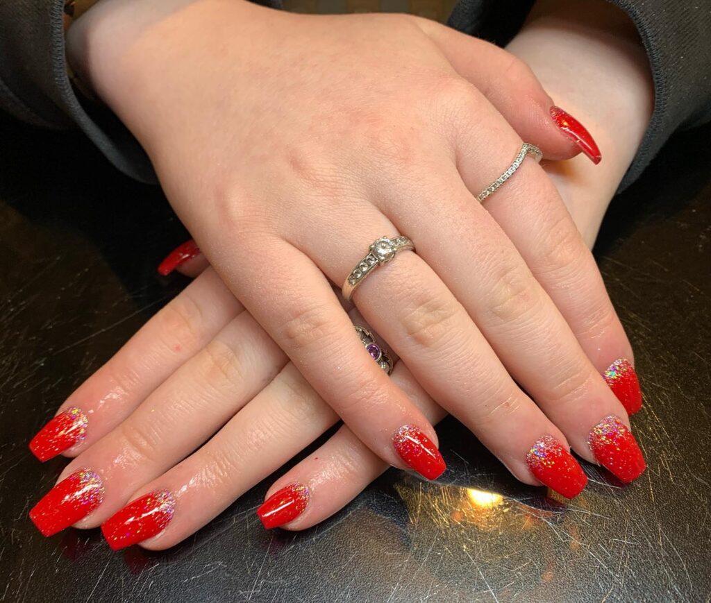 Fiery Square Red Nails with Glitter Gradient for Festive Glam