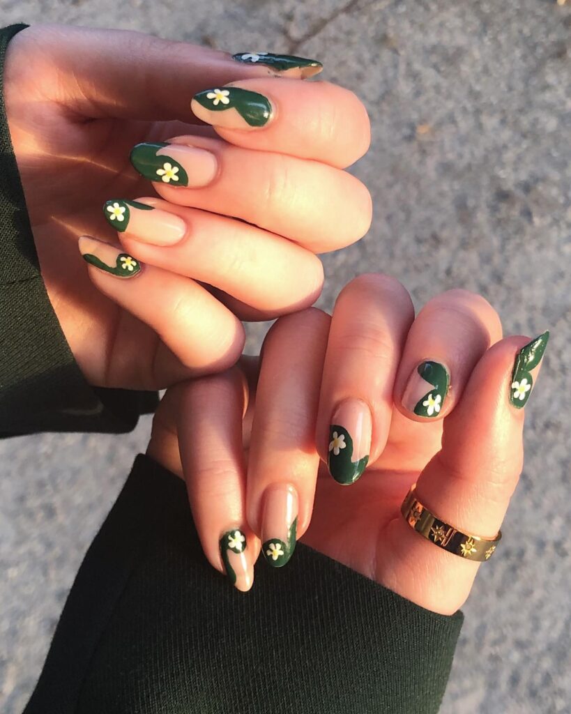 Forest Green Wave Tips with Daisy Florals on Almond Nails – Nature-Inspired Spring Graduation Nail Ideas