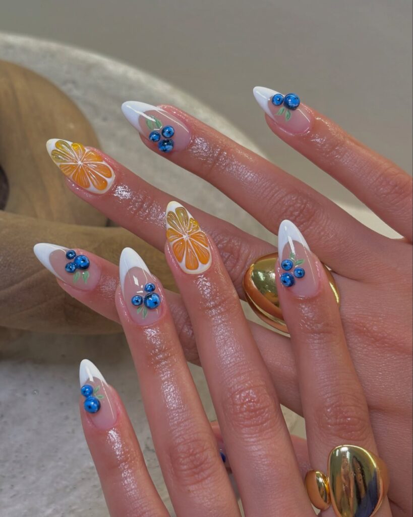 Fruity Almond Nails with Orange Slices and Blueberry Beads for Summer Birthdays