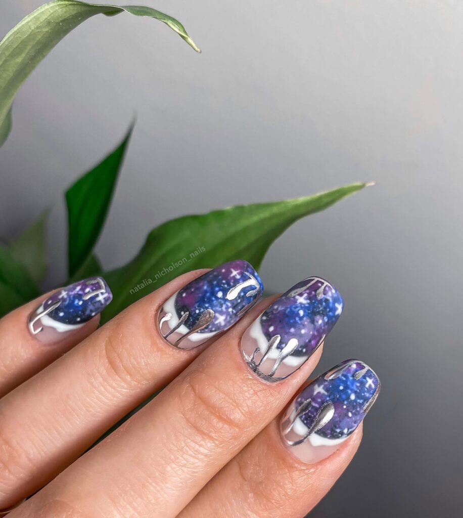Galaxy Square Nails with Chrome Drip – Cosmic Short Nail Ideas for a Celestial Look
