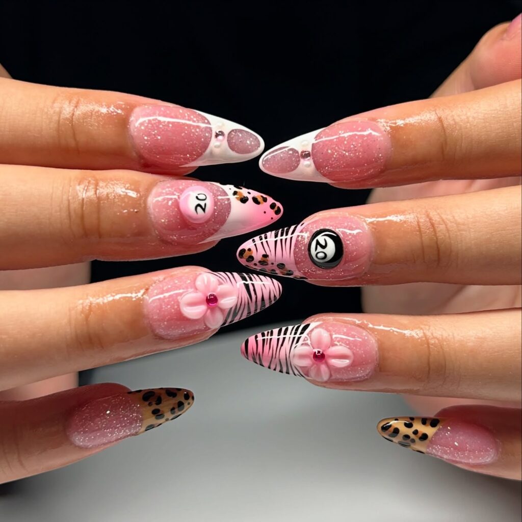 Glam Pink Almond Nails with Rhinestones, Zebra Print, and 3D Flowers