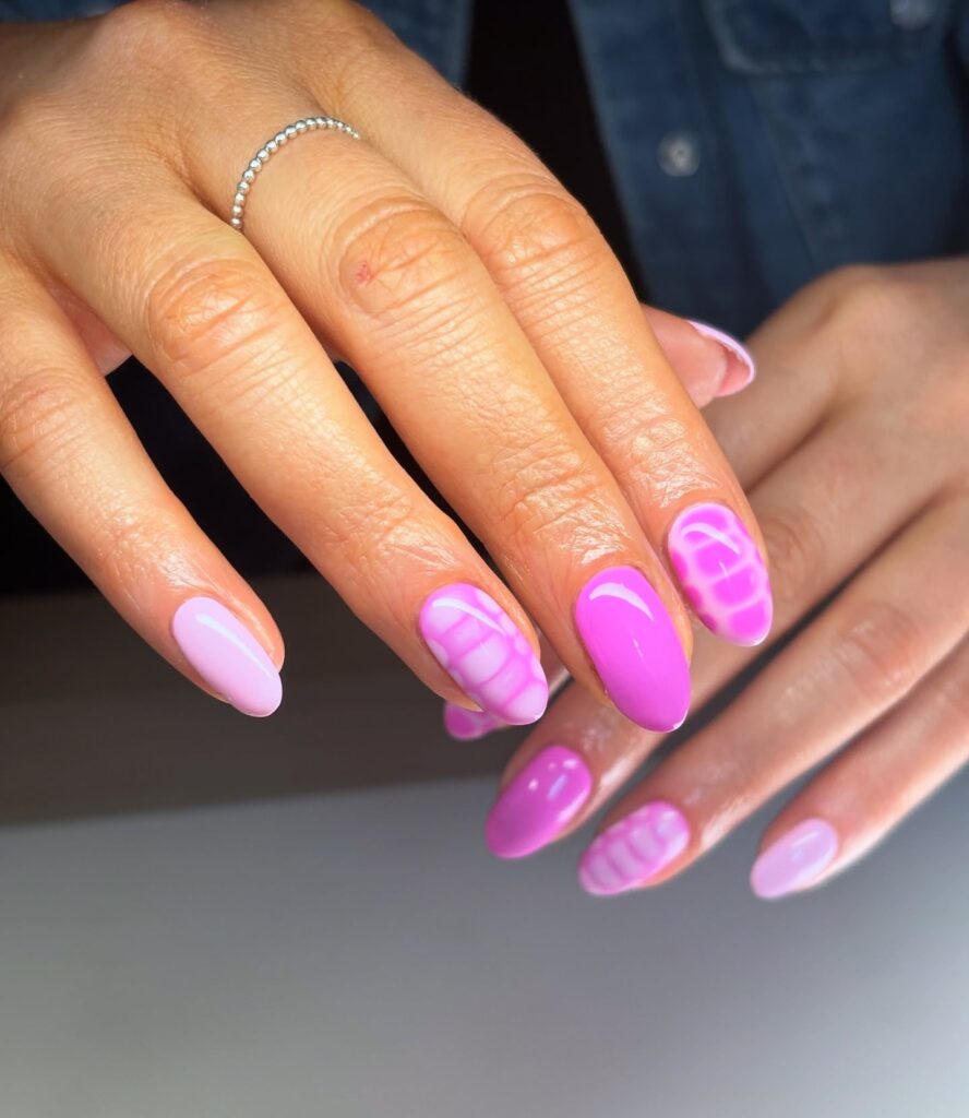 Glossy Almond Nails in Pink and Magenta with Jelly 3D Accents