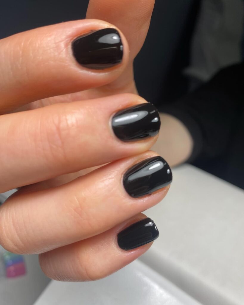 Glossy Jet Black Rounded Square Nails for a Minimalist Everyday Look