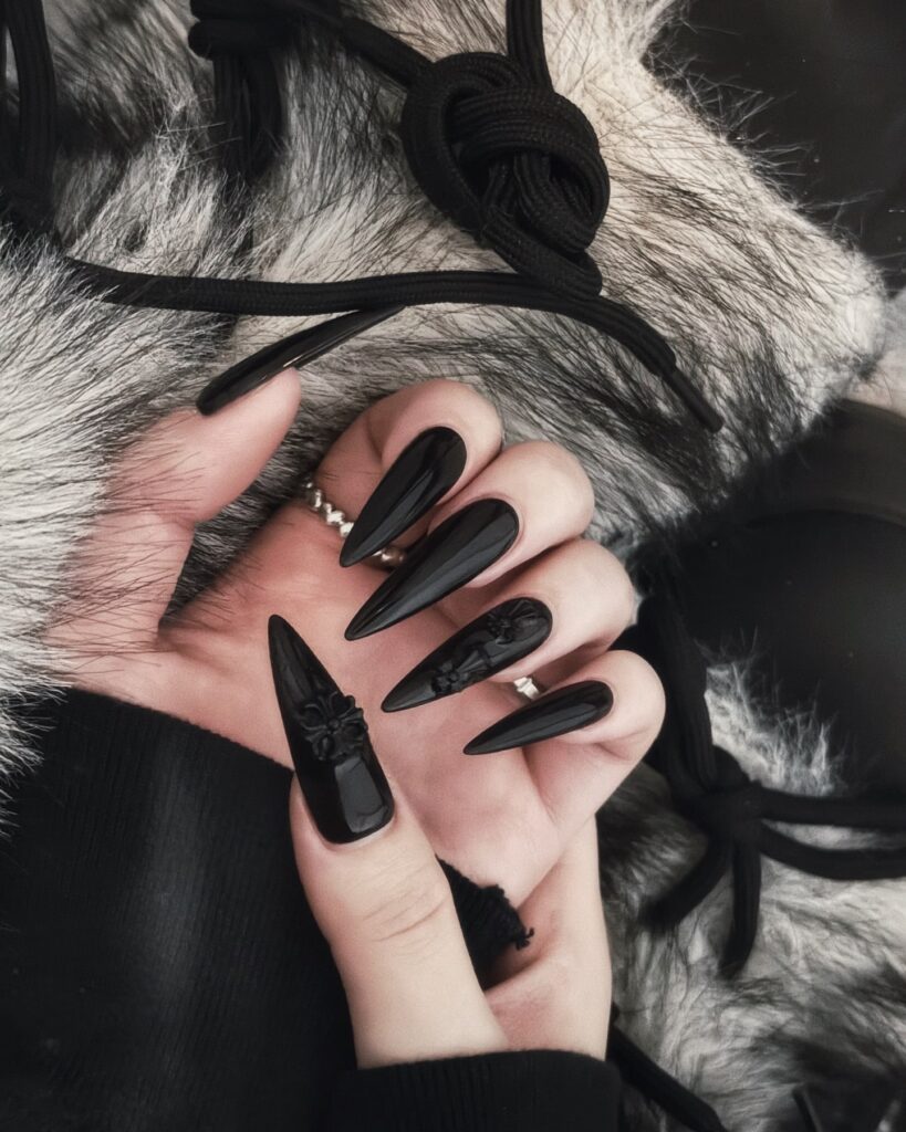 Gothic Stiletto Black Nails with 3D Floral Accents – Dark Romance Nail Ideas