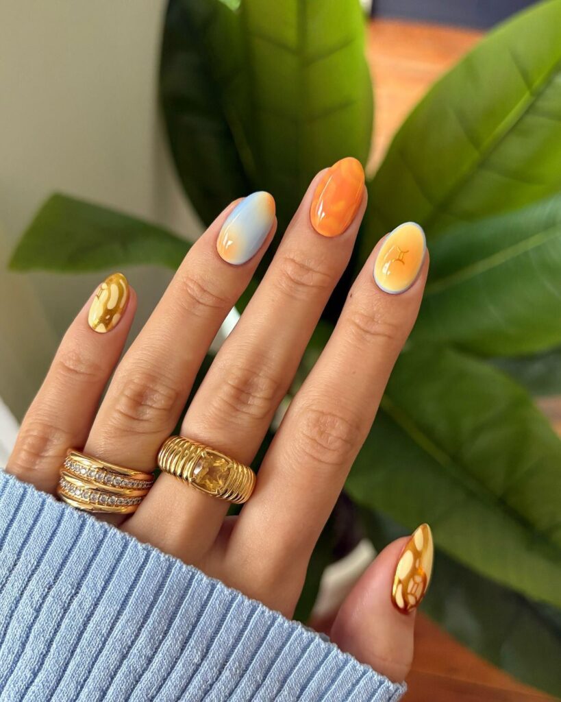 Gradient Oval Nails with Sunset Hues and Tortoiseshell Art – Bold and Artistic Simple Nail Ideas