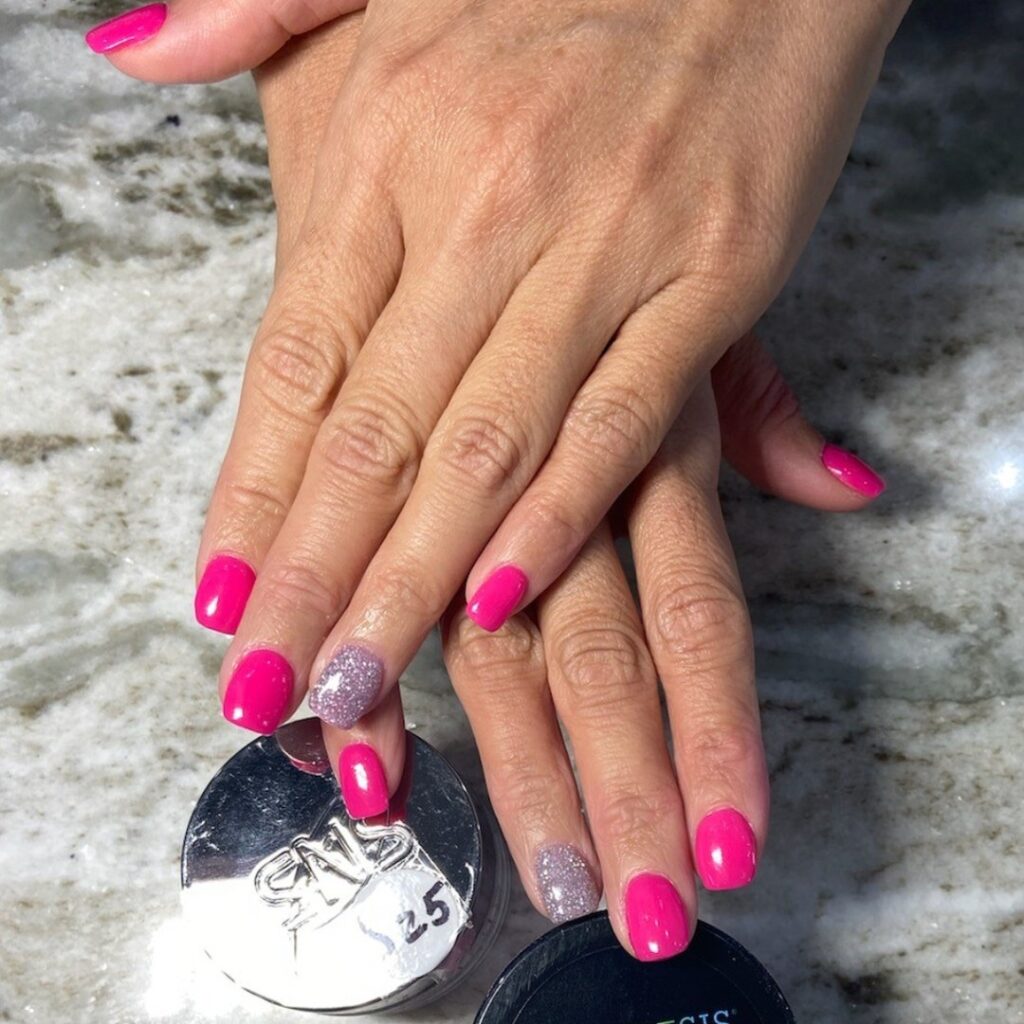 Hot Pink and Silver Glitter Nail Ideas for Short Rounded Nails