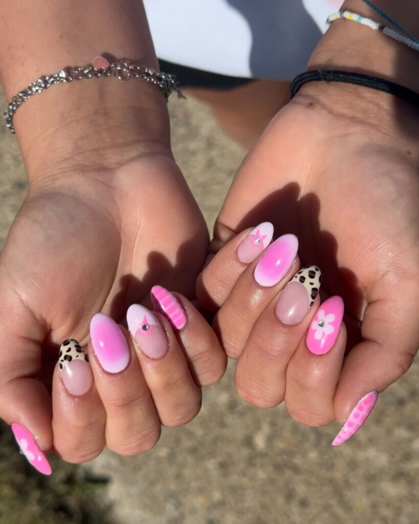 Hot Pink Gradient Almond Nails with Cheetah Print Tips and 3D Florals