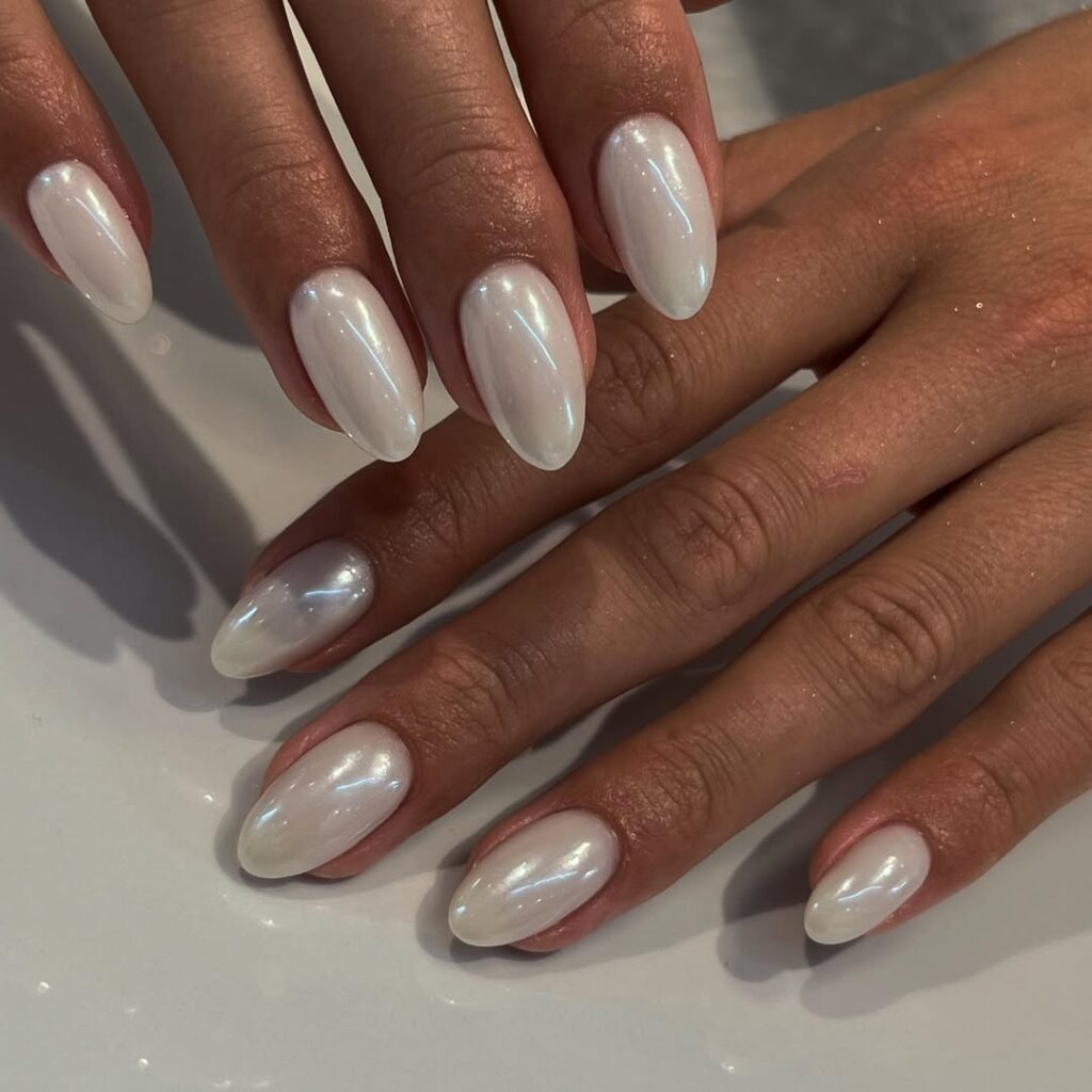 Iridescent Pearl White Almond Nails for a Fresh Spring Glow