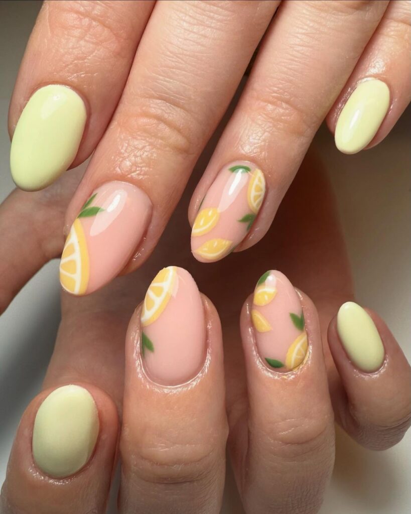 Lemon Art on Pastel Yellow Almond Nails for a Fresh Summer Look