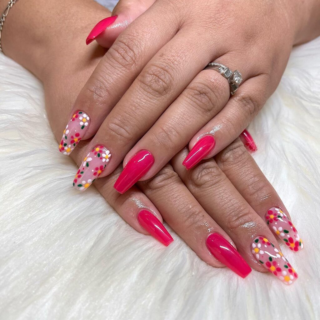 Long Coffin Nails with Hot Pink Gloss and Colorful Floral Dots for Graduation Celebrations
