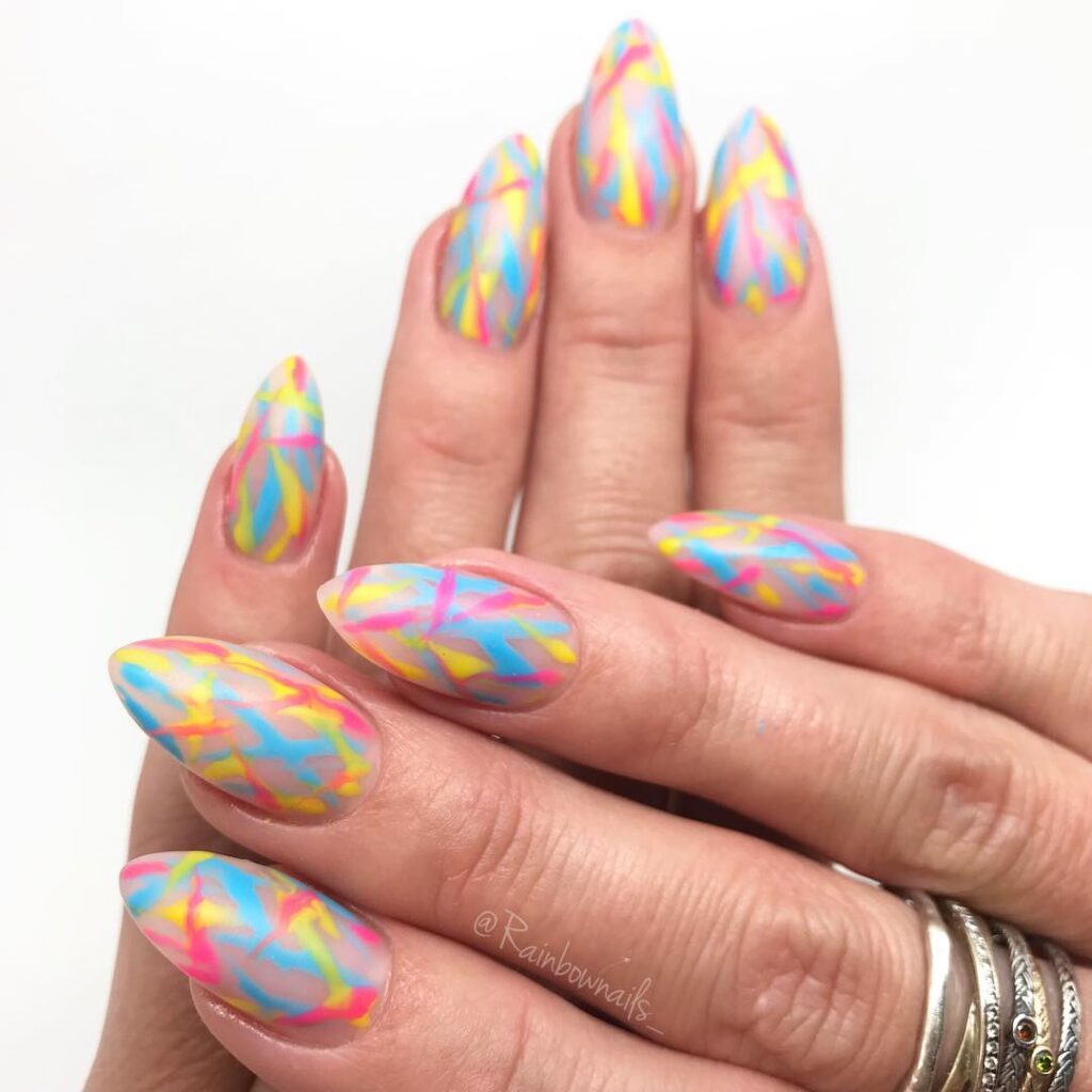 Matte Neon Mosaic Nails on Almond Tips for a Bold Summer Statement
