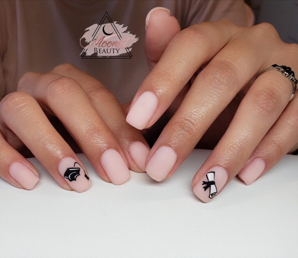 Matte Pale Pink Square Nails with Minimalist Black Graduation Cap and Diploma Art for a Classic Graduation Look