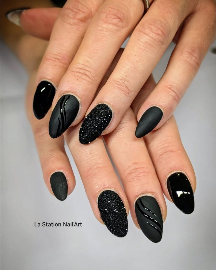 Matte and Glossy Black Almond Nails with Caviar Texture – Bold 3D Nail Ideas