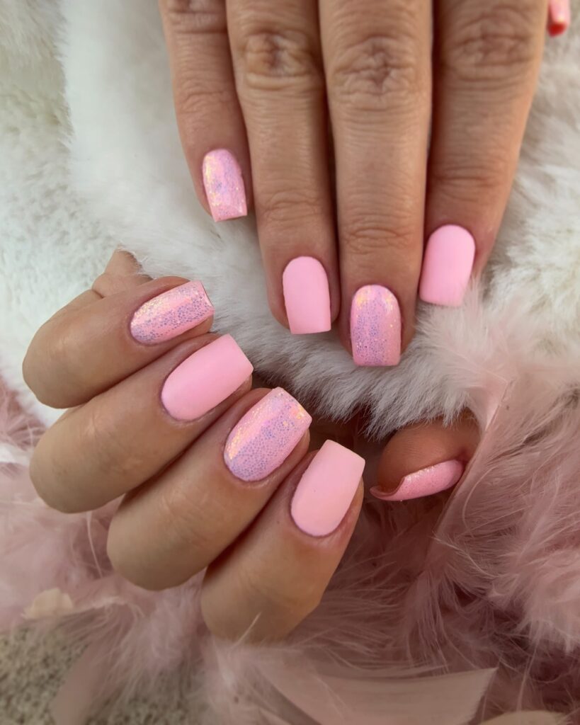 Matte and Shimmer Pink Square Nails – Romantic Nail Ideas for Spring and Valentine's Day