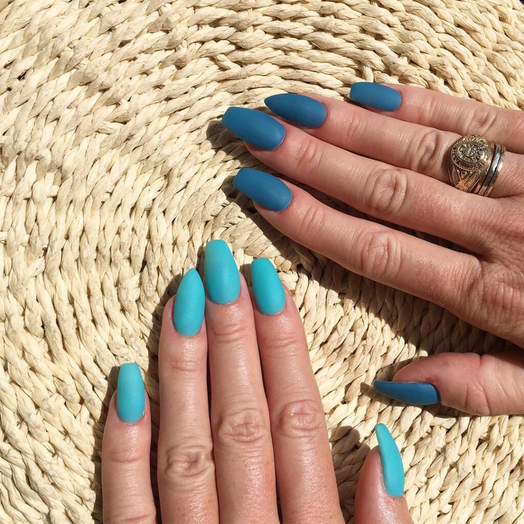 Matte Aqua and Teal Almond Nails Perfect for a Minimal Summer Vibe