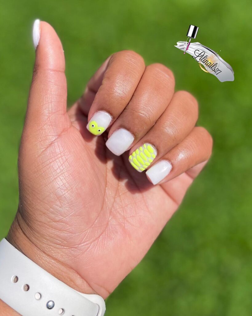 Matte white square nails with neon frog and scale art fun summer nail ideas